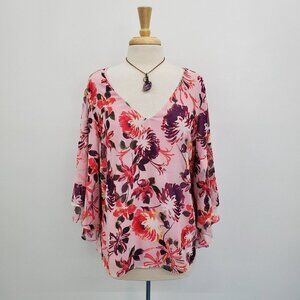 Lane Bryant Womens Floral Tiered Sleeve V Neck Blouse Top Size 18/20 Pink